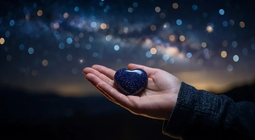 Hand holding a blue sandstone heart crystal against a starry night sky representing the stone of ambition and confidence